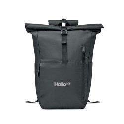 Sac à Dos Éco-responsable RPET 300D Personnalisé pour Ordinateur VALLEY ROLLPACK Matières : PET recyclé Couleurs : noir impressi