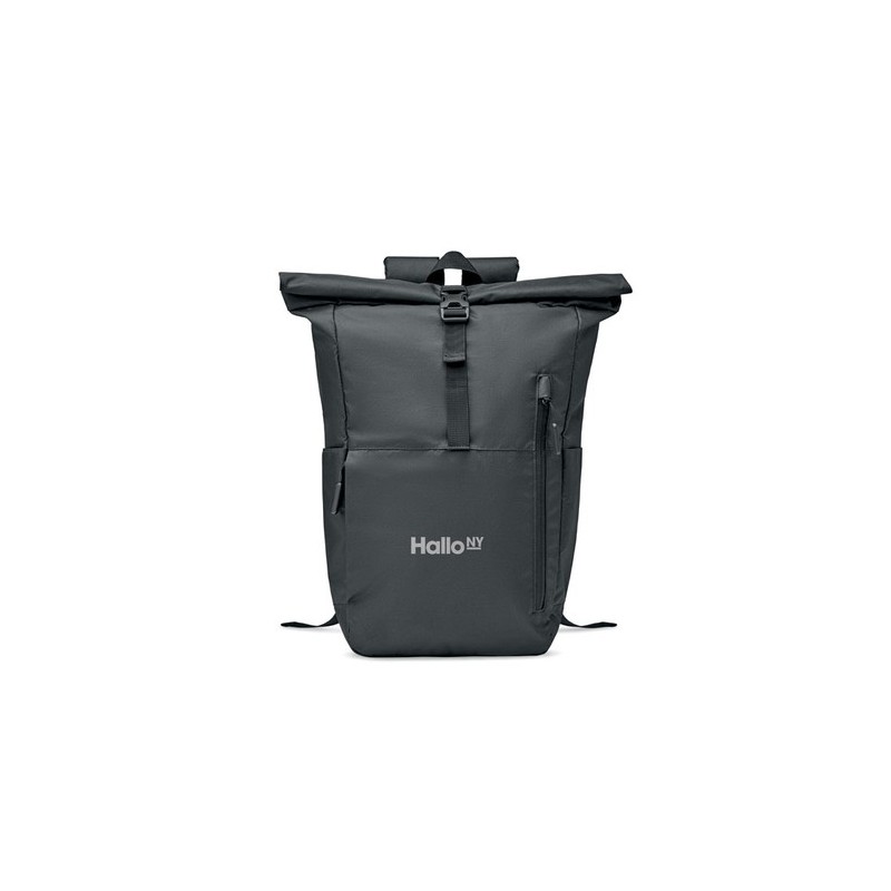 Sac à Dos Éco-responsable RPET 300D Personnalisé pour Ordinateur VALLEY ROLLPACK Matières : PET recyclé Couleurs : noir impressi