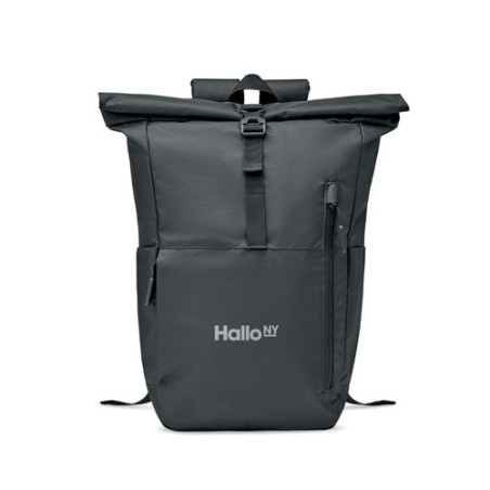 Sac à Dos Éco-responsable RPET 300D Personnalisé pour Ordinateur VALLEY ROLLPACK Matières : PET recyclé Couleurs : noir impressi