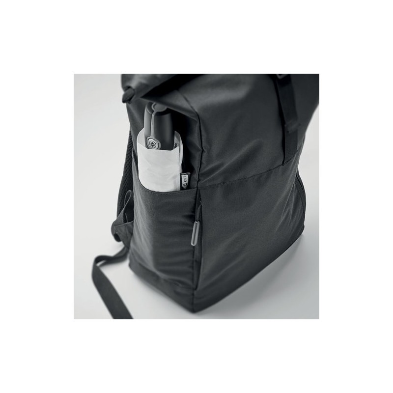 Sac à Dos Éco-responsable RPET 300D Personnalisé pour Ordinateur VALLEY ROLLPACK Matières : PET recyclé Couleurs : noir marquage