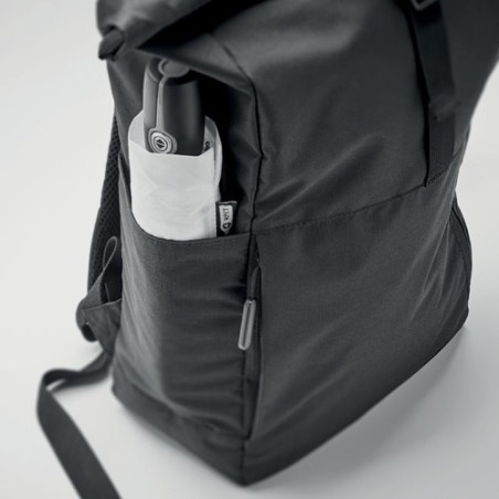 Sac à Dos Éco-responsable RPET 300D Personnalisé pour Ordinateur VALLEY ROLLPACK Matières : PET recyclé Couleurs : noir marquage