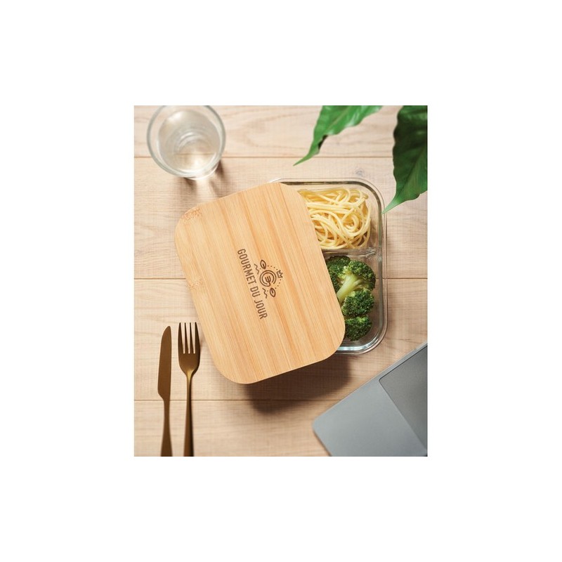 Lunchbox Éco-responsable en Verre et Bambou Personnalisée TUNDRA 3 Matières : verre Couleurs : transparent impression haute défi