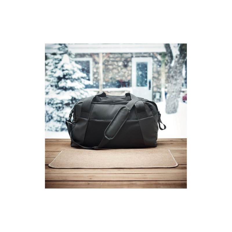 Sac de sport personnalisé résistant en 300D ripstop pas cher | GRENOBLE Matières : PET recyclé Couleurs : noir impression haute 