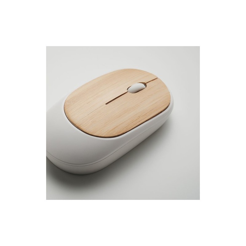 Souris sans fil  en bambou personnalisée CURVY BAM Matières : ABS recyclé Couleurs : blanc impression haute définition