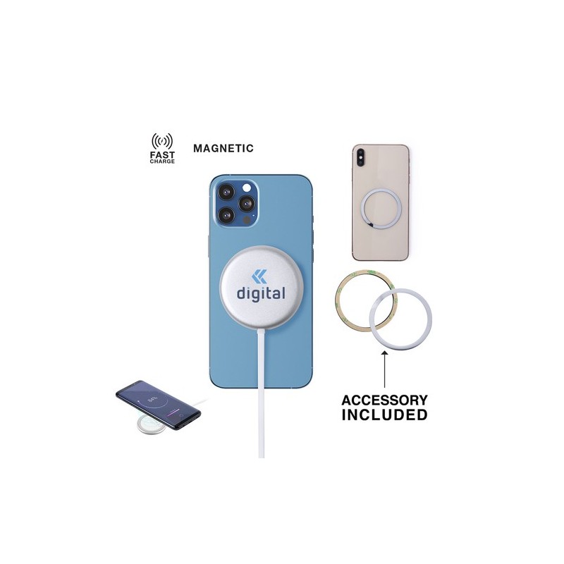 Chargeur Magnétique Sans Fil Personnalisé 10W - Makensy Matières : aluminium Couleurs : argenté personnalisable avec votre logo