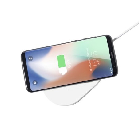 Chargeur Éco-responsable Personnalisé 10W Zosmal RCS Matières : ABS recyclé Couleurs : blanc marquage laser ultra précis