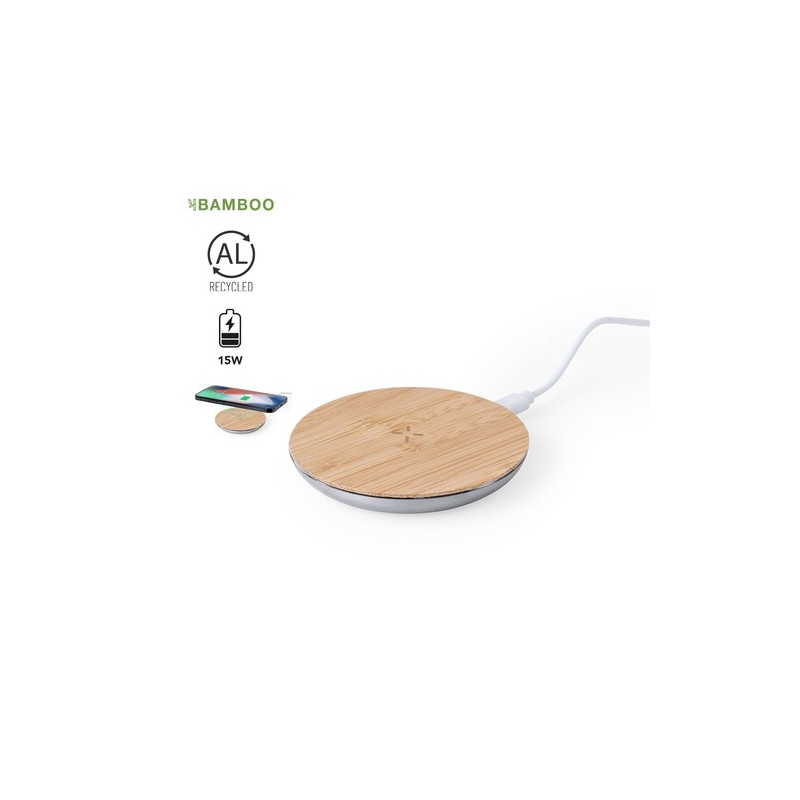 Chargeur Éco-responsable et Haute Technologie Personnalisé pas cher Sutmy Matières : bambou Couleurs : argenté personnalisable a