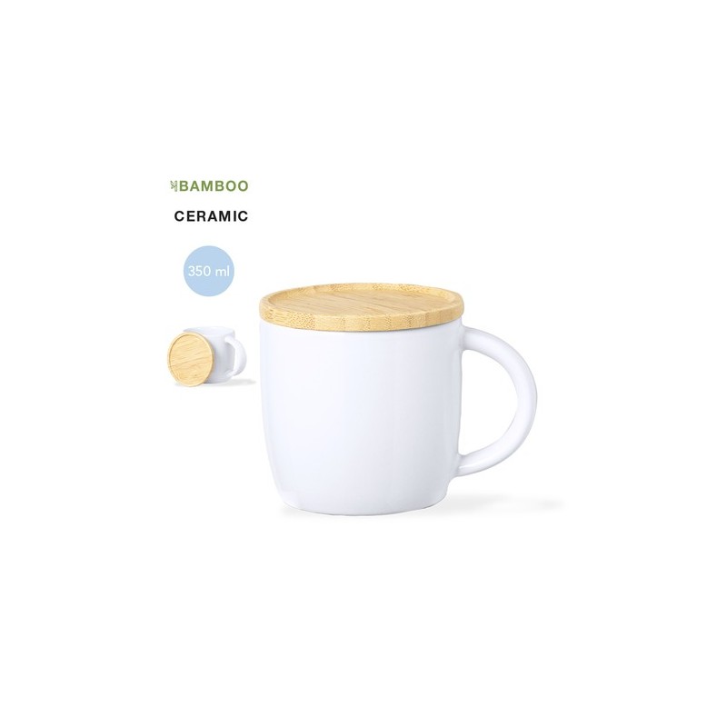 Tasse en Céramique Éco-responsable avec Couvercle en Bambou Personnalisée Zenara Matières : bambou Couleurs : blanc goodies publ
