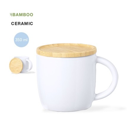 Tasse en Céramique Éco-responsable avec Couvercle en Bambou Personnalisée Zenara Matières : bambou Couleurs : blanc goodies publ