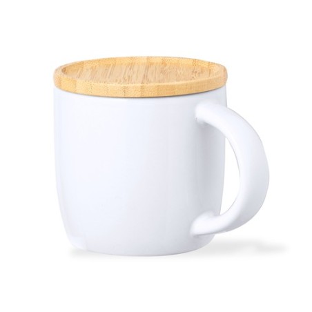 Tasse en Céramique Éco-responsable avec Couvercle en Bambou Personnalisée Zenara Matières : bambou Couleurs : blanc livraison ex