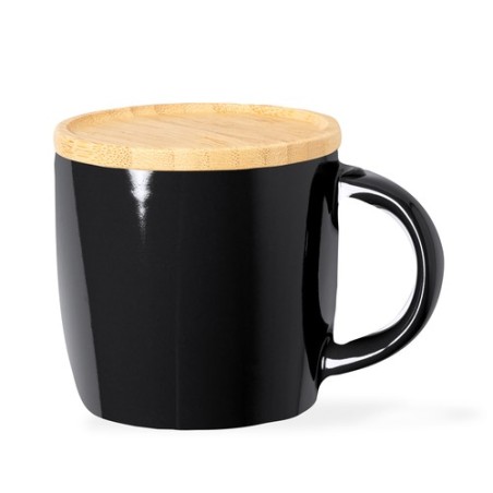 Tasse en Céramique Éco-responsable avec Couvercle en Bambou Personnalisée Zenara Matières : bambou Couleurs : noir personnalisab
