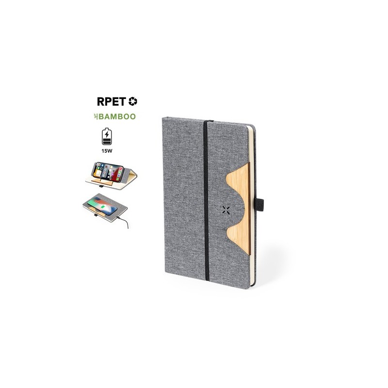 Bloc Notes Éco-responsable et Pratique avec Chargeur Dalou Matières : bambou Couleurs : gris personnalisable avec votre logo