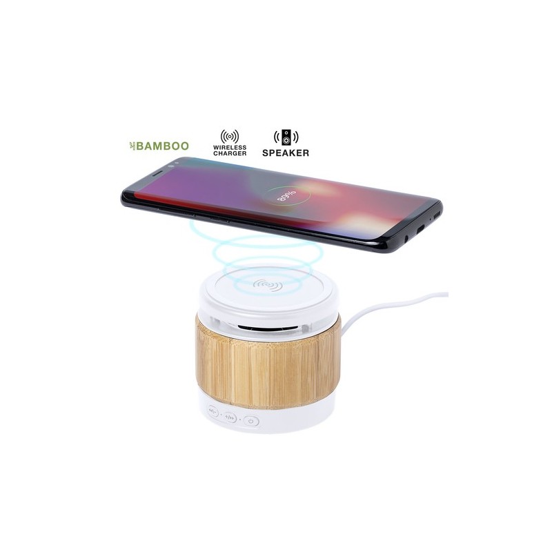 Haut-Parleurs Audio Éco-responsables et Personnalisés Chargeur Zakrox Matières : bambou Couleurs : blanc personnalisable avec vo