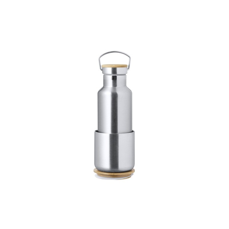 Set de Mugs et Bouteilles Isothermes Pratiques Personnalisés Debris pas cher Matières : bambou Couleurs : argenté