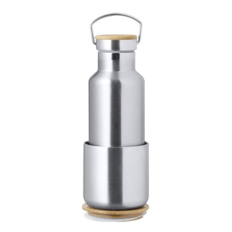 Set de Mugs et Bouteilles Isothermes Pratiques Personnalisés Debris pas cher Matières : bambou Couleurs : argenté