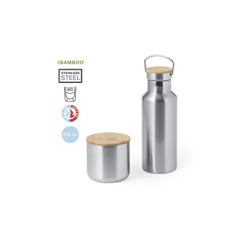 Set de Mugs et Bouteilles Isothermes Pratiques Personnalisés Debris pas cher Matières : bambou Couleurs : argenté personnalisabl