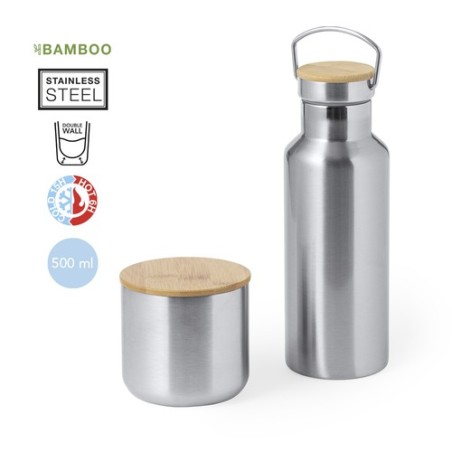 Set de Mugs et Bouteilles Isothermes Pratiques Personnalisés Debris pas cher Matières : bambou Couleurs : argenté personnalisabl