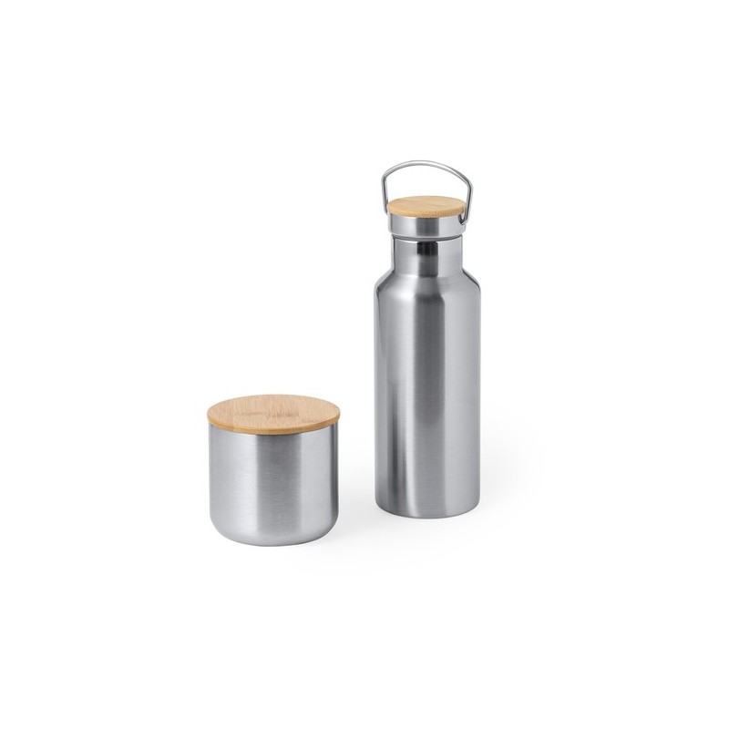 Set de Mugs et Bouteilles Isothermes Pratiques Personnalisés Debris pas cher Matières : bambou Couleurs : argenté cadeau entrepr