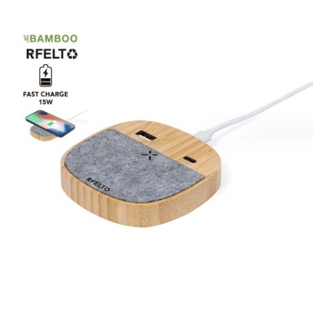 Chargeur Sans Fil Éco-responsable en Bambou Personnalisé - Emerson Matières : bambou Couleurs : gris personnalisable avec votre 