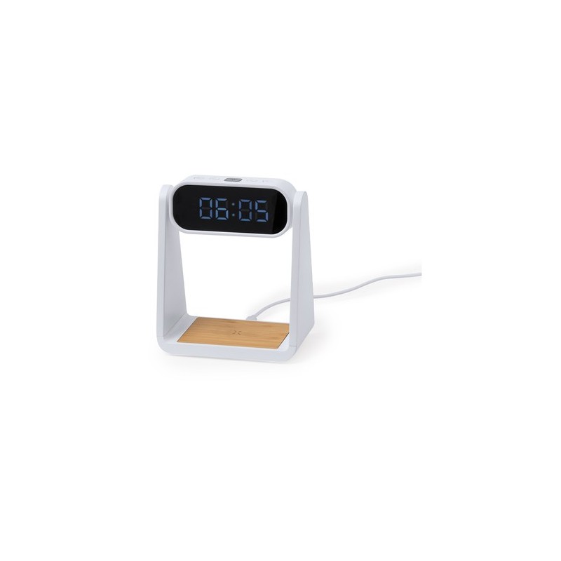 Horloge Multifonction Personnalisée Éco-responsable avec Chargeur et Lampe Darret Matières : bambou Couleurs : blanc