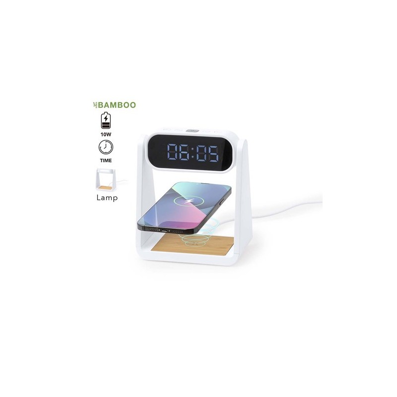 Horloge Multifonction Personnalisée Éco-responsable avec Chargeur et Lampe Darret Matières : bambou Couleurs : blanc personnalis