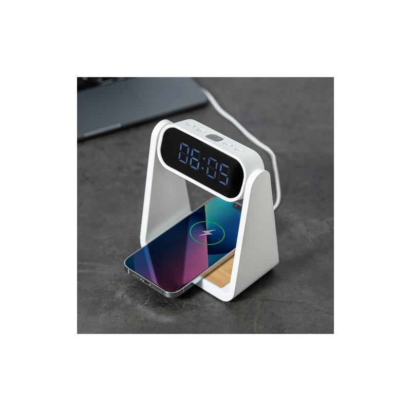 Horloge Multifonction Personnalisée Éco-responsable avec Chargeur et Lampe Darret Matières : bambou Couleurs : blanc cadeau entr