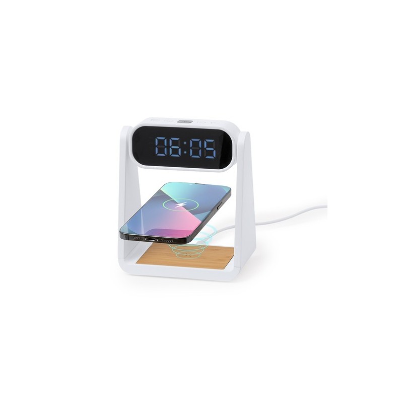 Horloge Multifonction Personnalisée Éco-responsable avec Chargeur et Lampe Darret Matières : bambou Couleurs : blanc marquage la