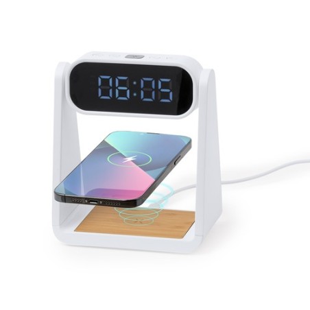 Horloge Multifonction Personnalisée Éco-responsable avec Chargeur et Lampe Darret Matières : bambou Couleurs : blanc marquage la