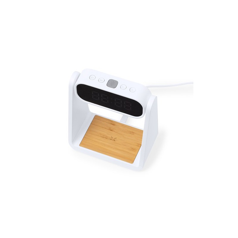 Horloge Multifonction Personnalisée Éco-responsable avec Chargeur et Lampe Darret Matières : bambou Couleurs : blanc cadeau coll