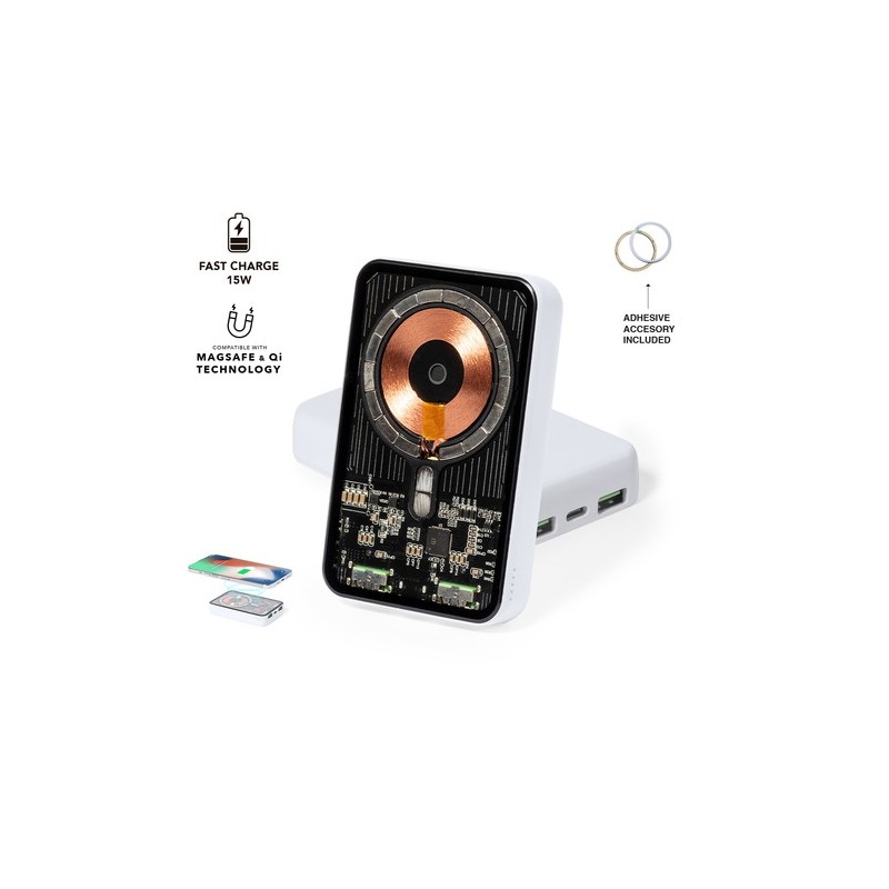 Power Bank Éco-responsable Personnalisé Bramson - Accessoire High Tech à Port USB Couleurs : blanc personnalisable avec votre lo
