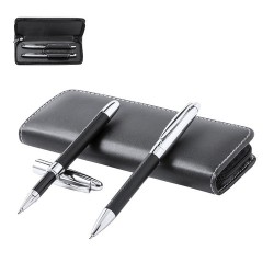 Set de stylos et rollers personnalisés en similicuir Niveum pas cher Matières : métal Couleurs : noir 2