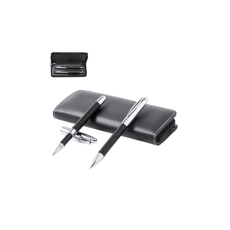 Set de stylos et rollers personnalisés en similicuir Niveum pas cher Matières : métal Couleurs : noir personnalisable avec votre
