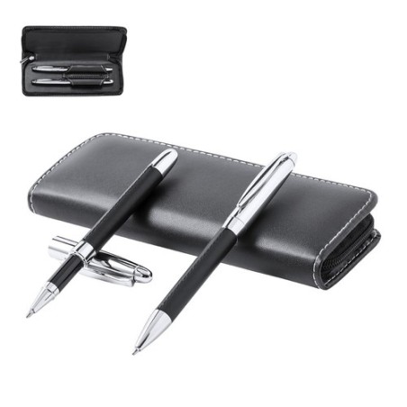 Set de stylos et rollers personnalisés en similicuir Niveum pas cher Matières : métal Couleurs : noir personnalisable avec votre