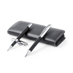 Set de stylos et rollers personnalisés en similicuir Niveum pas cher Matières : métal Couleurs : noir cadeau entreprise pas cher