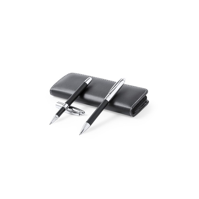 Set de stylos et rollers personnalisés en similicuir Niveum pas cher Matières : métal Couleurs : noir cadeau entreprise pas cher
