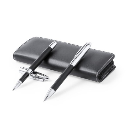 Set de stylos et rollers personnalisés en similicuir Niveum pas cher Matières : métal Couleurs : noir cadeau entreprise pas cher
