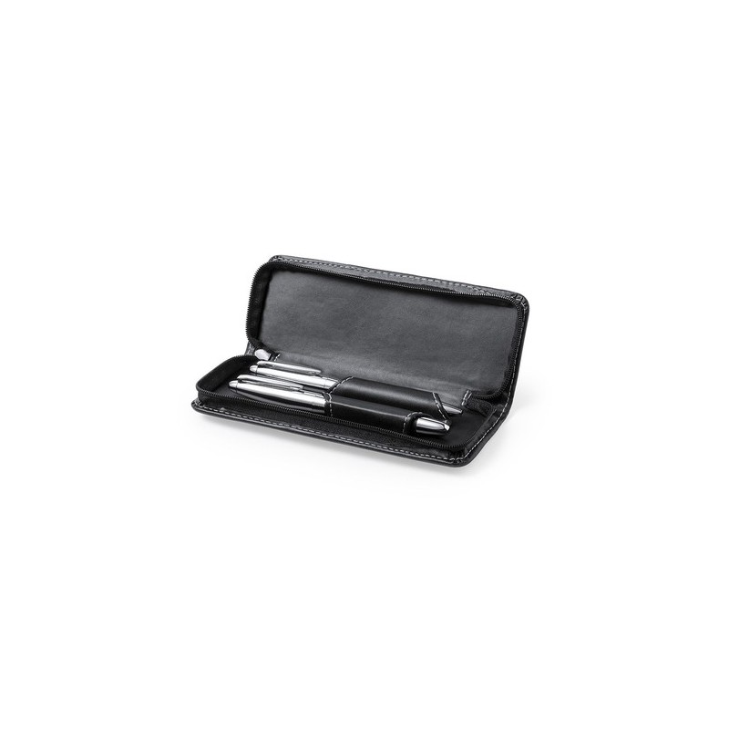 Set de stylos et rollers personnalisés en similicuir Niveum pas cher Matières : métal Couleurs : noir marquage laser ultra préci