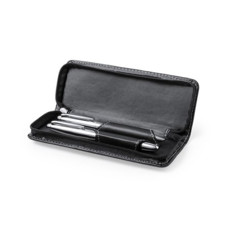 Set de stylos et rollers personnalisés en similicuir Niveum pas cher Matières : métal Couleurs : noir marquage laser ultra préci