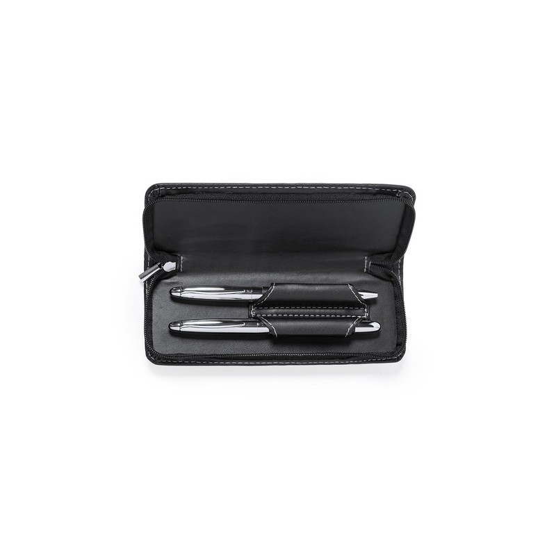 Set de stylos et rollers personnalisés en similicuir Niveum pas cher Matières : métal Couleurs : noir livraison express 24h 48h