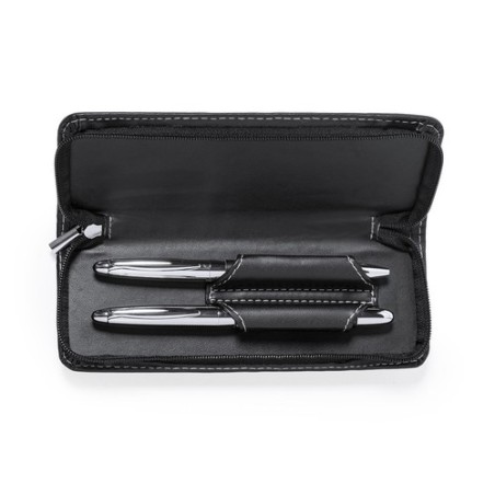 Set de stylos et rollers personnalisés en similicuir Niveum pas cher Matières : métal Couleurs : noir livraison express 24h 48h