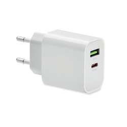Chargeur 18W Éco-responsable à 2 Ports, Prise UE - Personnalisé Matières : Polycarbonate (PC) Couleurs : blanc