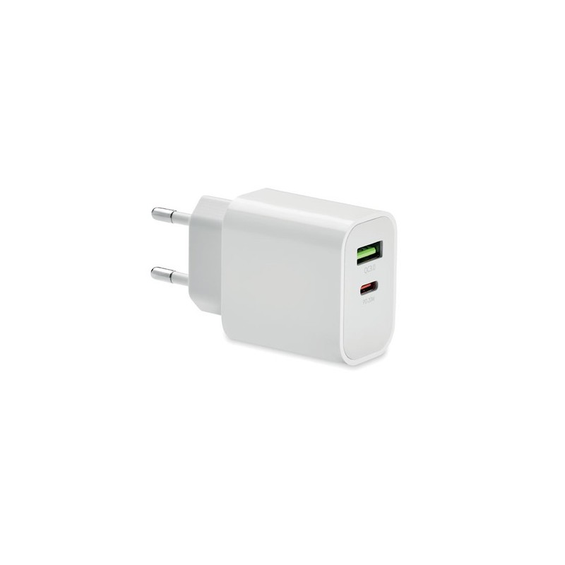 Chargeur 18W Éco-responsable à 2 Ports, Prise UE - Personnalisé Matières : Polycarbonate (PC) Couleurs : blanc