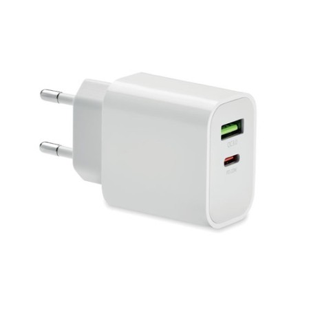 Chargeur 18W Éco-responsable à 2 Ports, Prise UE - Personnalisé Matières : Polycarbonate (PC) Couleurs : blanc