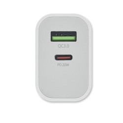 Chargeur 18W Éco-responsable à 2 Ports, Prise UE - Personnalisé Matières : Polycarbonate (PC) Couleurs : blanc cadeau entreprise