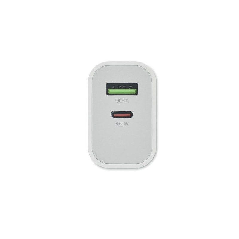Chargeur 18W Éco-responsable à 2 Ports, Prise UE - Personnalisé Matières : Polycarbonate (PC) Couleurs : blanc cadeau entreprise
