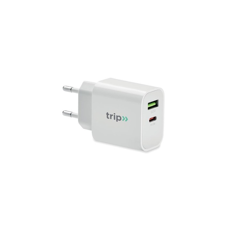Chargeur 18W Éco-responsable à 2 Ports, Prise UE - Personnalisé Matières : Polycarbonate (PC) Couleurs : blanc goodies publicita