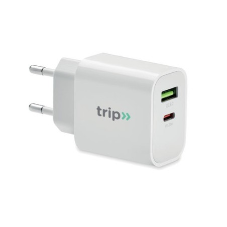 Chargeur 18W Éco-responsable à 2 Ports, Prise UE - Personnalisé Matières : Polycarbonate (PC) Couleurs : blanc goodies publicita
