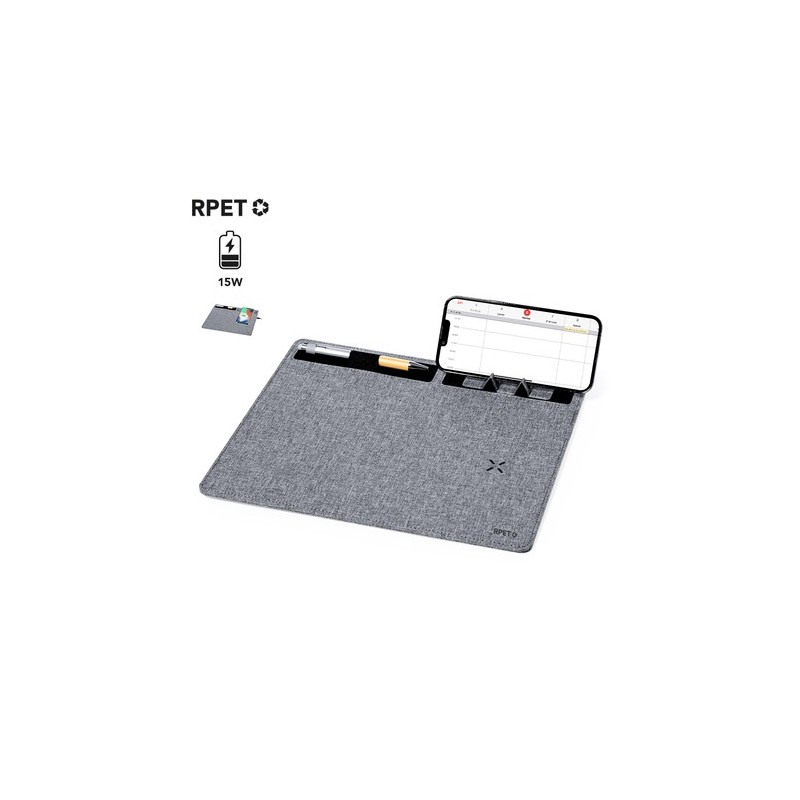 Tapis de Souris Chargeur Multifonction Personnalisable Deuz Matières : PET recyclé Couleurs : gris personnalisable avec votre lo