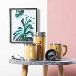 Mug Isotherme Éco-responsable Personnalisé en Verre Thermique Lubon Matières : bambou marquage laser ultra précis