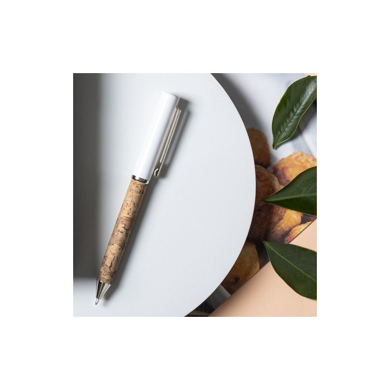 Stylo Élégant Éco-responsable Personnalisé en Écriture - Siliax Matières : liège Couleurs : blanc impression haute définition